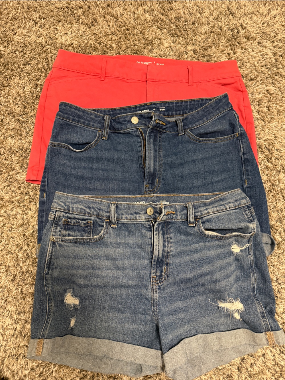 Old Navy Blue Distressed Denim Ankle Jeans with Coral Cropped Shorts